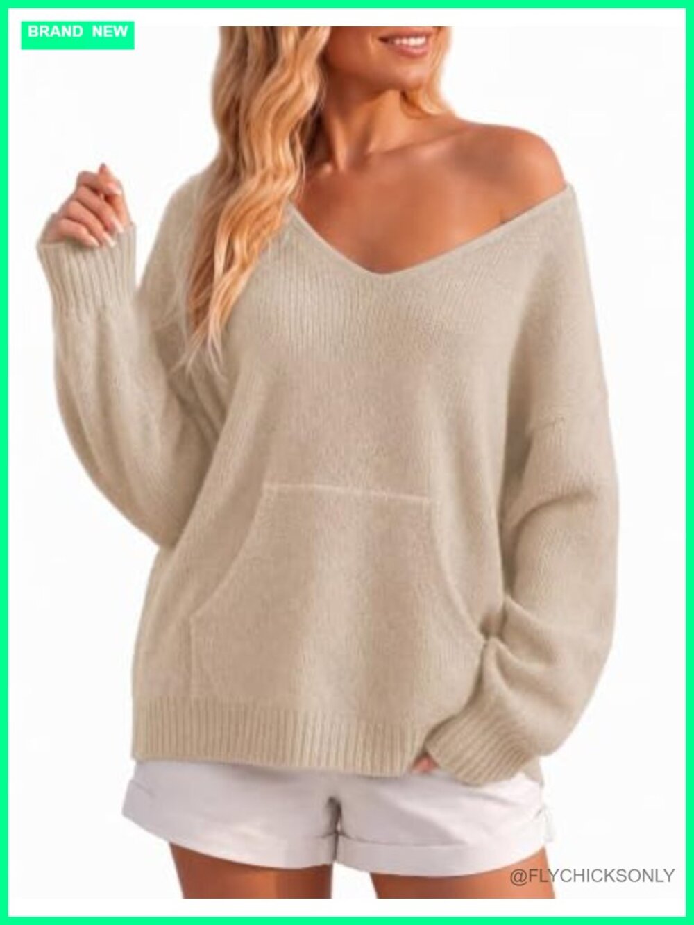 Oversized Off Shoulder V Neck Knit Pullover Sweater Kangaroo Pocket